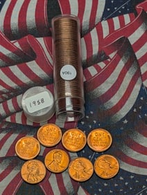 1958 Red BU Roll of Lincoln Wheat Cents.
