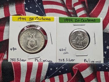 1945-D Philippines 20 Centavos 75% Silver & 1944-S 50 Centavos 75% Silver