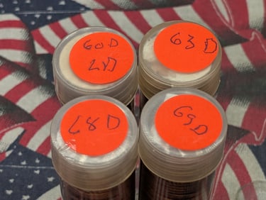 4 Rolls of Lincoln Memorial Cents: 1960-D Large Date, 63-D, 68-D, and 69-D. Choice/GEM Red BU.