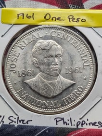 1961 Philippines One Peso, 90% Silver