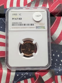 1955 Lincoln Wheat Cent. Slabbed by NGC as Proof 67 Red.