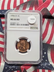 1956-D Lincoln Wheat Cent. Slabbed by NGC as MS 66 Red.