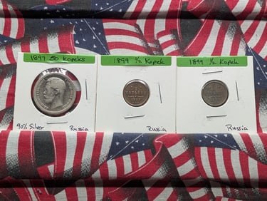 Three Soviet Coins, 1897 50 Kopeks, 90% Silver & 2-1899 1/2 Kopek
