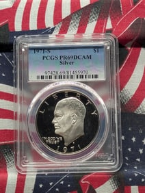 1971-S Ike Dollar. Slabbed by PCGS as Proof 69 Deep Cameo Silver. 40% Silver Coin