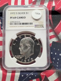 1972-S Ike Dollar. Slabbed by NGC as Proof 69 Cameo. 40% Silver Coin