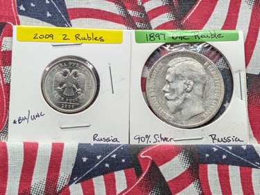 1897 Soviet One Ruble 90% Silver & 2009 2 Rubles