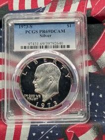 1973-S Ike Dollar. Slabbed by PCGS as Proof 69 Deep Cameo. 40% Silver Coin