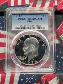 1974-S Ike Dollar. Slabbed by PCGS as Proof 69 Deep Cameo. 40% Silver Coin