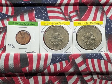 Three Somalia Coins-1950 One Centesimo & 1970 x2-5 Shillings
