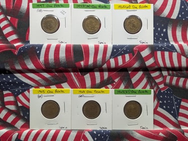 6 Spanish Coins-1947 (53), 1953 (54), 1963 (65)x3, 1963 (67) One Peseta's,