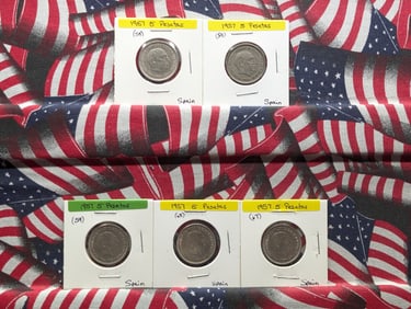 Five Spanish 5 Pesetas Coins-1957 (59)x3, 1957 (65), 1957 (67)