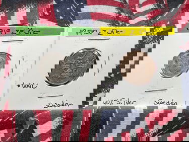 Two Sweden Coins-1919 25 Ore, 60% Silver & 1950 2 Ore,