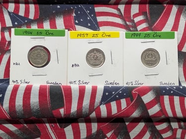Three Sweden Coins-1944, 1957, 1958- 25 Ore, 40% Silver