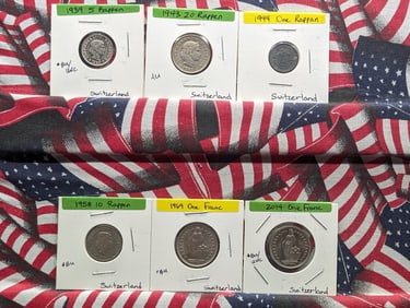 Six Switzerland Coins-1944 One Rappen, 1939 5 Rappen, 1958 10 Rappen, 1943 20 Rappen, 1969 One