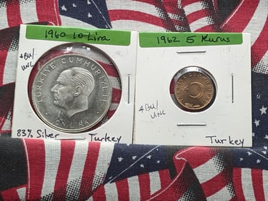 2 Turkey Coins-1960 10 Lira, 83% Silver & 1962 Turkey 5 Kurus