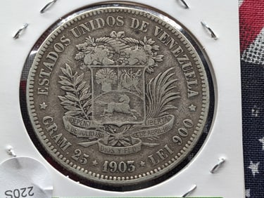 1903 South American 5 Bolivar, 90% Silver
