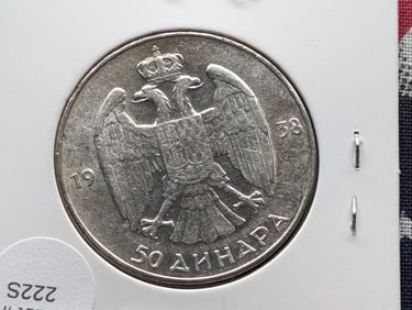 1938 Yugoslavia 50 Dinara, 75% Silver