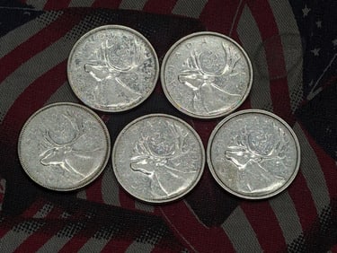 1 Bag Canadian 25 Cents (5), Assorted Dates, all 80% Silver