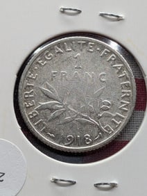 1918 France One Franc, 83.5% Silver