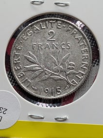 1915 France 2 Francs, 83.5% Silver