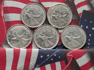 1 Bag Canadian 25 Cents (5), Assorted Dates, all 80% Silver