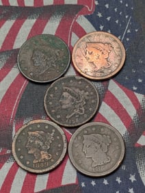 (5) Cull Large Cents, 1835, 1836, 1839, 1849, & 1851.