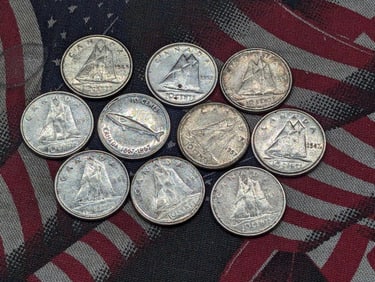 1-Bag Canadian 10 Cents (10), Assorted Dates, all 80% Silver