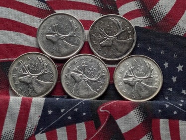 1 Bag Canadian 25 Cents (5), Assorted Dates, all 80% Silver