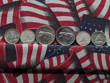 1 Bag Canadian 10 cents (4), 25 Cents (2), Assorted Dates, all 80% Silver