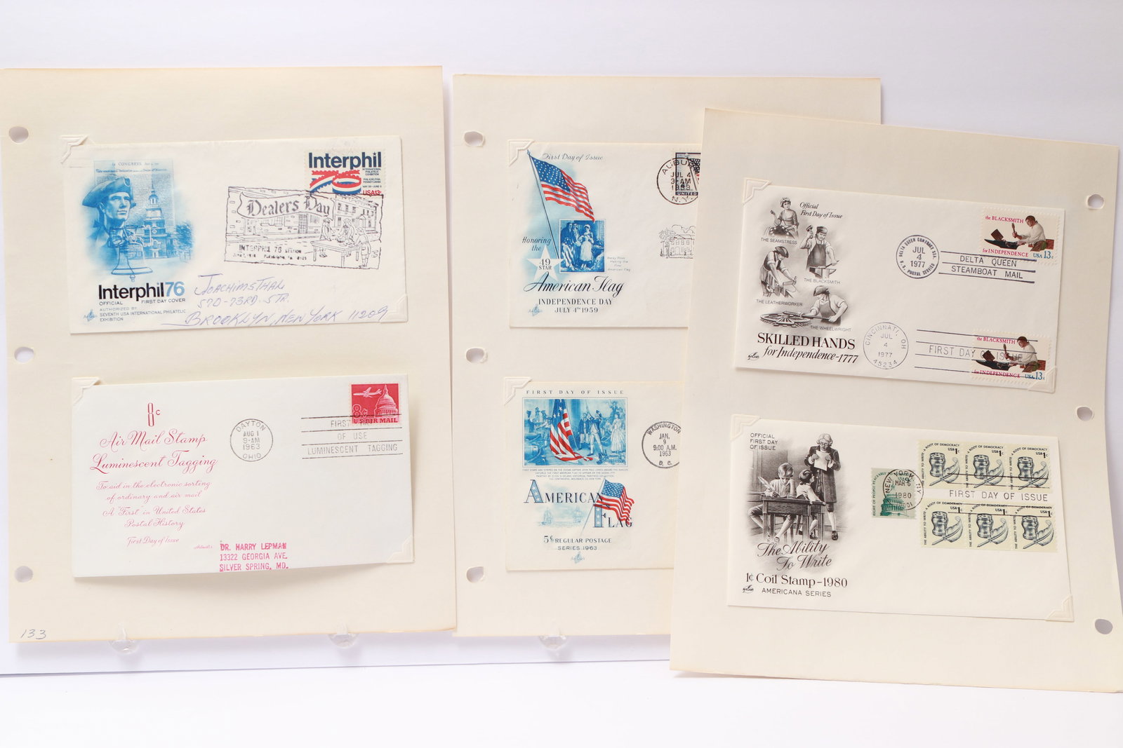Americana and Bicentennial Exhibition Covers: Covers include Dolley Madison commemorative (1980), Interphil ’76 exhibition covers, Americana “Skilled Hands” (1980), Bicentennial Interphil issues, Air Mail Luminescent Tagging, American F