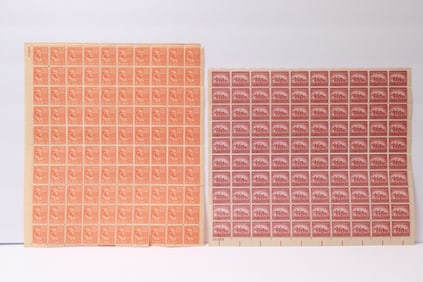 Two Full Sheets of U.S. Postage Stamps – 1937 1¢ Mount Vernon (Scott #806) and 1965 6¢ Bald