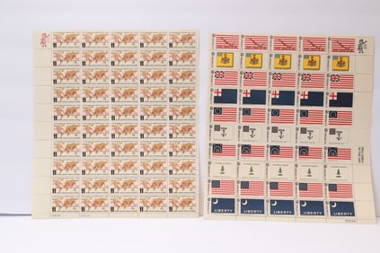 Two Full Sheets of U.S. Commemorative Stamps – 1965 ITU Issue (11¢) and 1968 Historic Flags Issue