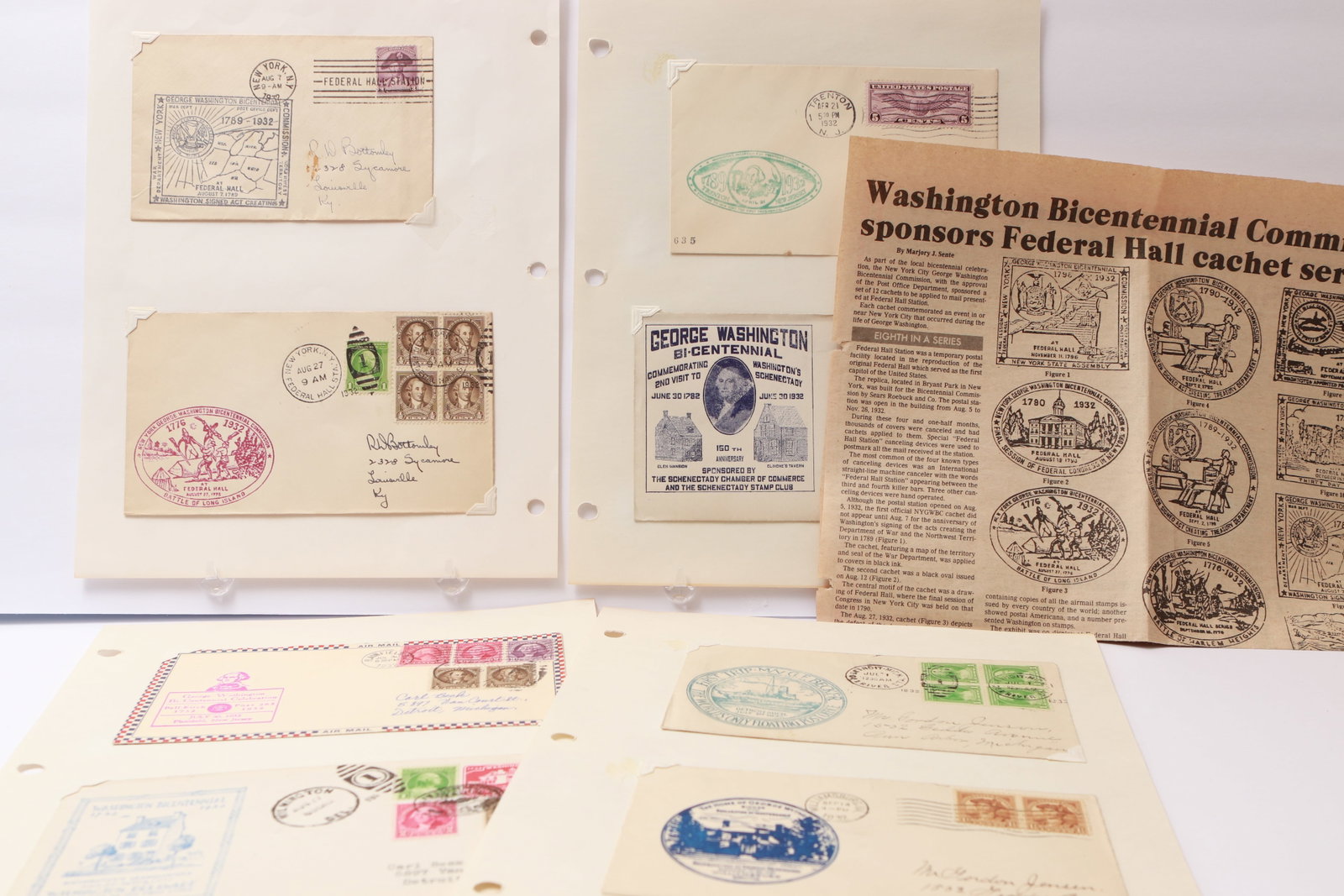 George Washington Bicentennial Commemorative Covers with Federal Hall Series, 1932: This lot contains a group of commemorative covers issued for the George Washington Bicentennial in 1932, including examples from various cities and organizations. Cachets feature Washington-related la