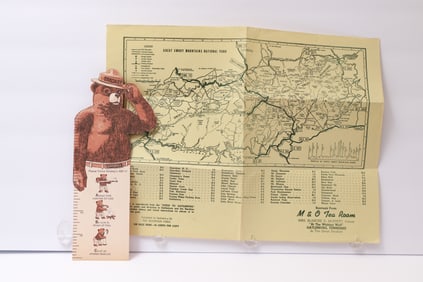 Smokey Bear Die-Cut Ruler Bookmark; and Great Smoky Mountains Map (Souvenir, M&O Tea Room,