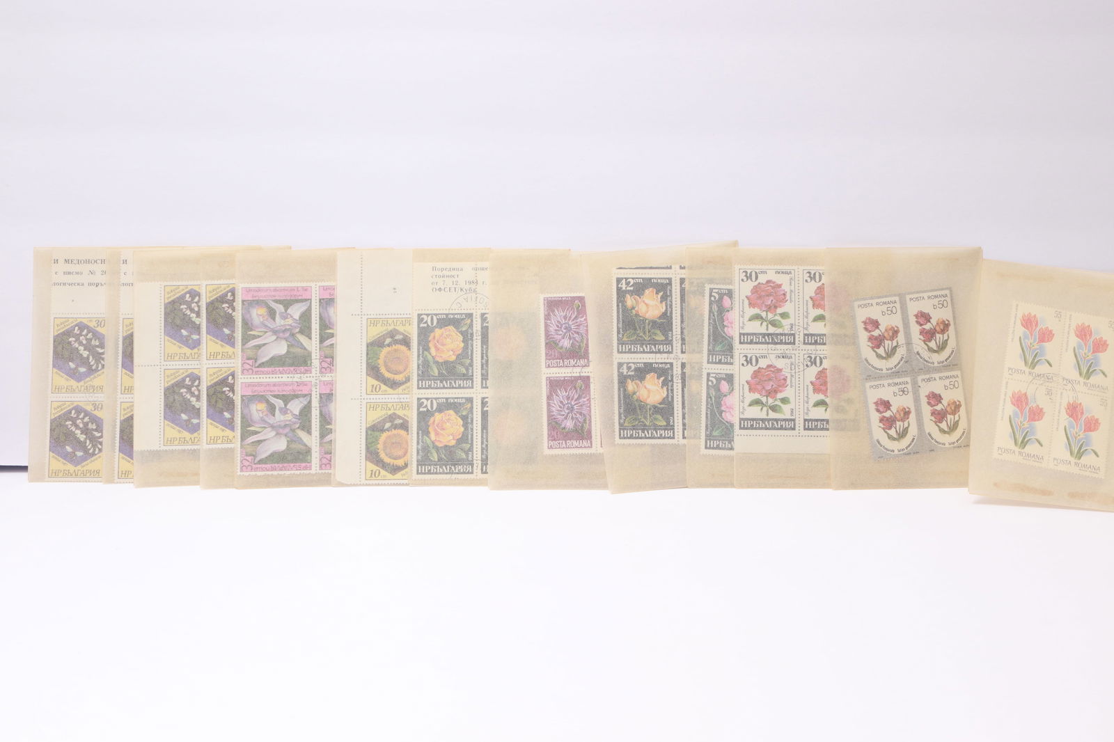 Bulgaria Flora-Themed Stamp Blocks: This lot consists of Bulgarian stamp blocks, all depicting floral themes. Included are blocks featuring orchids (32 st.), lily-of-the-valley (30 st., multiple blocks with margins), roses in several de