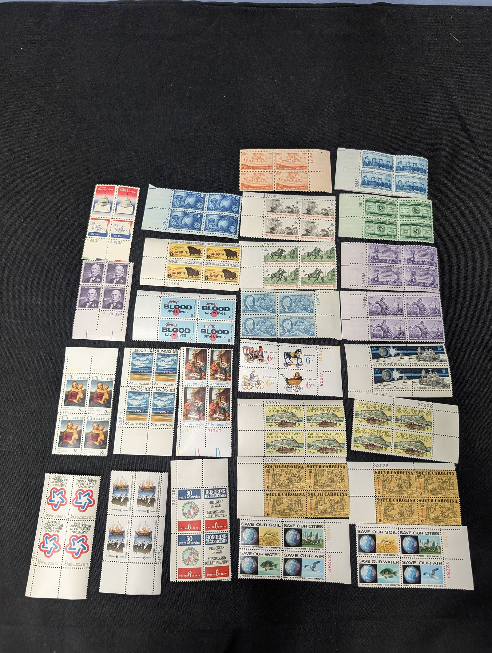 Large Lot of U.S. Mint Plate Blocks (1950s?1970s) ? Space, Conservation, Christmas, Statehood (1 of 6)