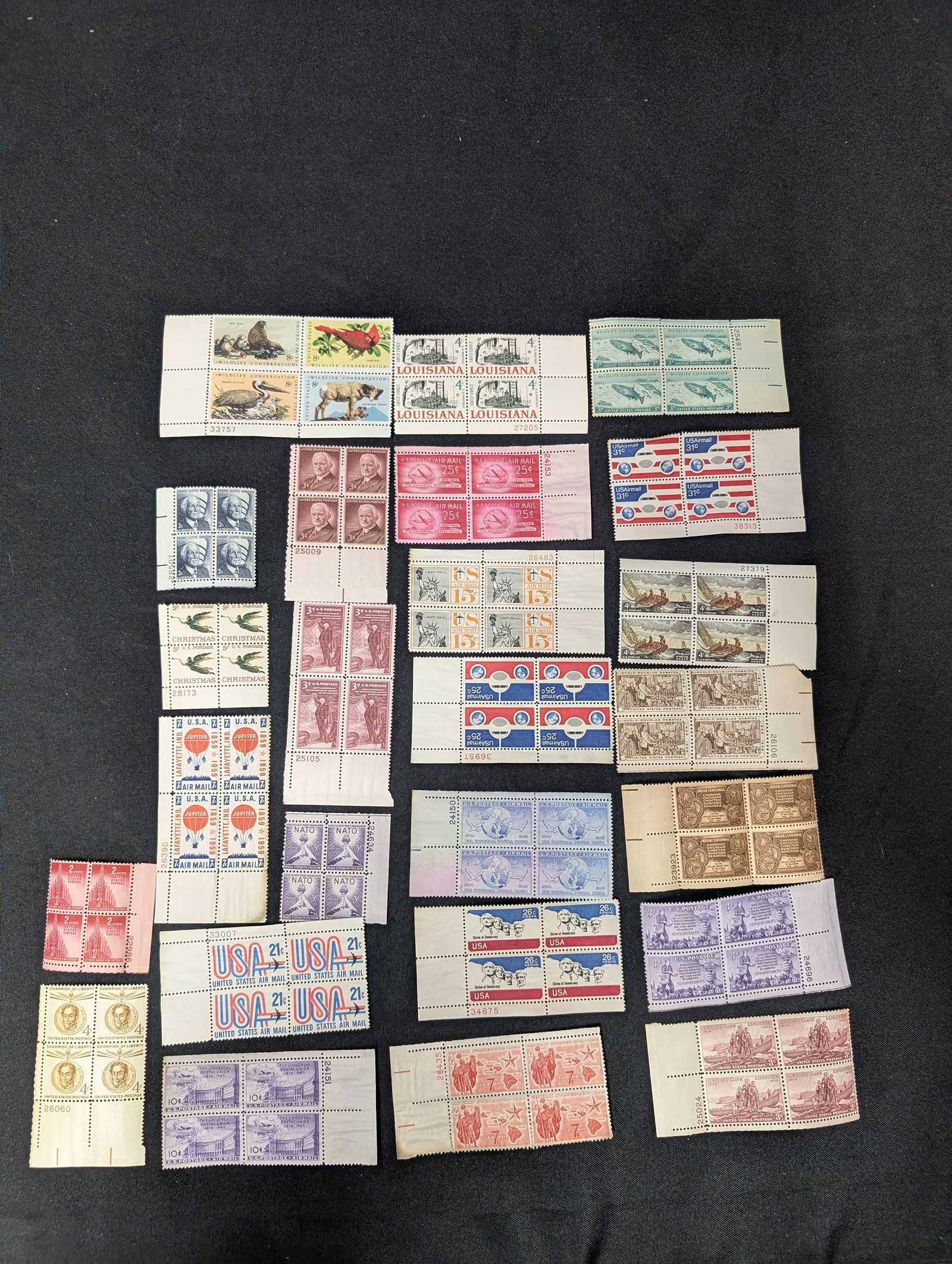 Large assorted lot of U.S. mint plate blocks from the 1950s through the 1970s including space, (1 of 7)