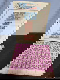 U.S. plate blocks on album page plus a full sheet of 3 cent purple Jefferson stamps.