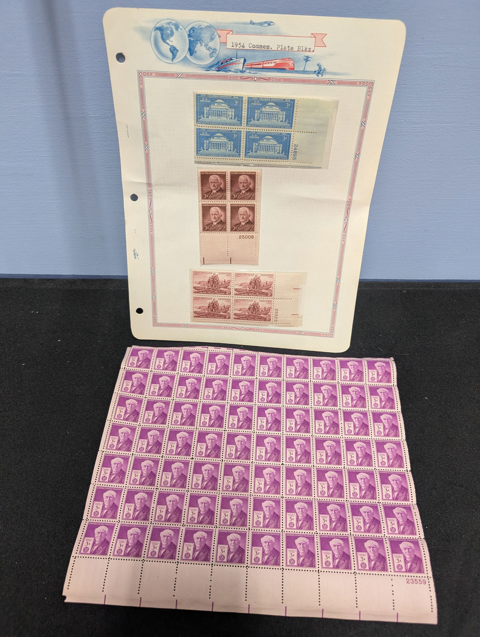 U.S. plate blocks on album page plus a full sheet of 3 cent purple Jefferson stamps. (1 of 1)