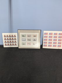 Three U.S. stamp sheets including Trans-Mississippi reissue sheet and two modern commemorative