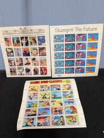 Three U.S. stamp sheets including American Illustrators, Stampin’ the Future and Comic Strip