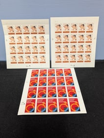 Three full sheets of unused US postage stamps including Year 2000 Celebration and Prostate Cancer