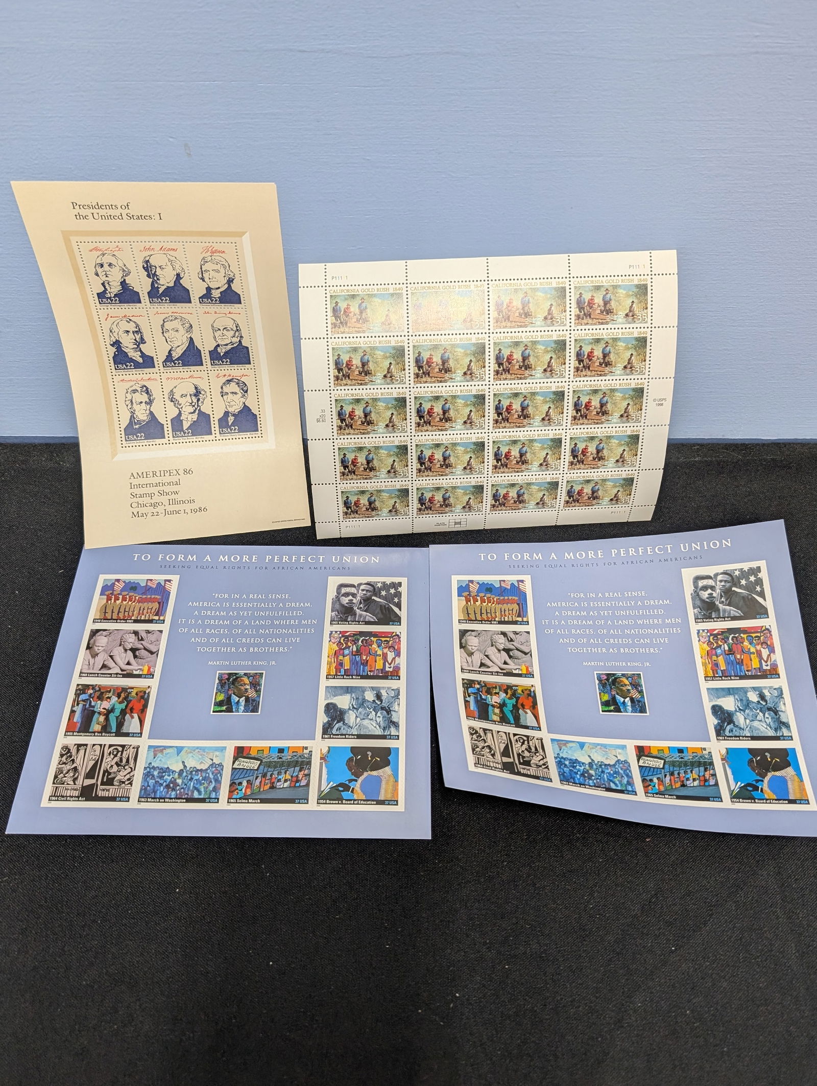 Group of U.S. stamp sheets including Presidents sheet, Signing of the Declaration sheet and two (1 of 5)
