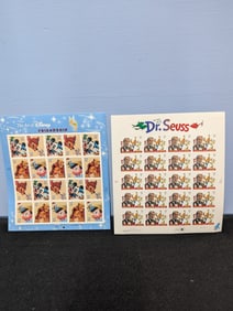 Group of two themed U.S. stamp sheets including The Art of Disney Friendship and Dr. Seuss.