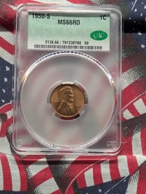 1950-S Lincoln Wheat Cent Graded By CAC MS 66 Red