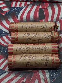Four Rolls of 1950's P D & S Lincoln Wheat Cents, (200 Coins Total)