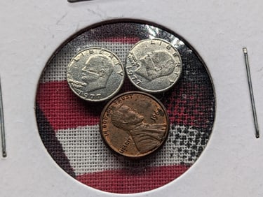 (3) US Miniature Coins - 1964 Lincoln Memorial Cent & (2) 1977 IKE Dollars