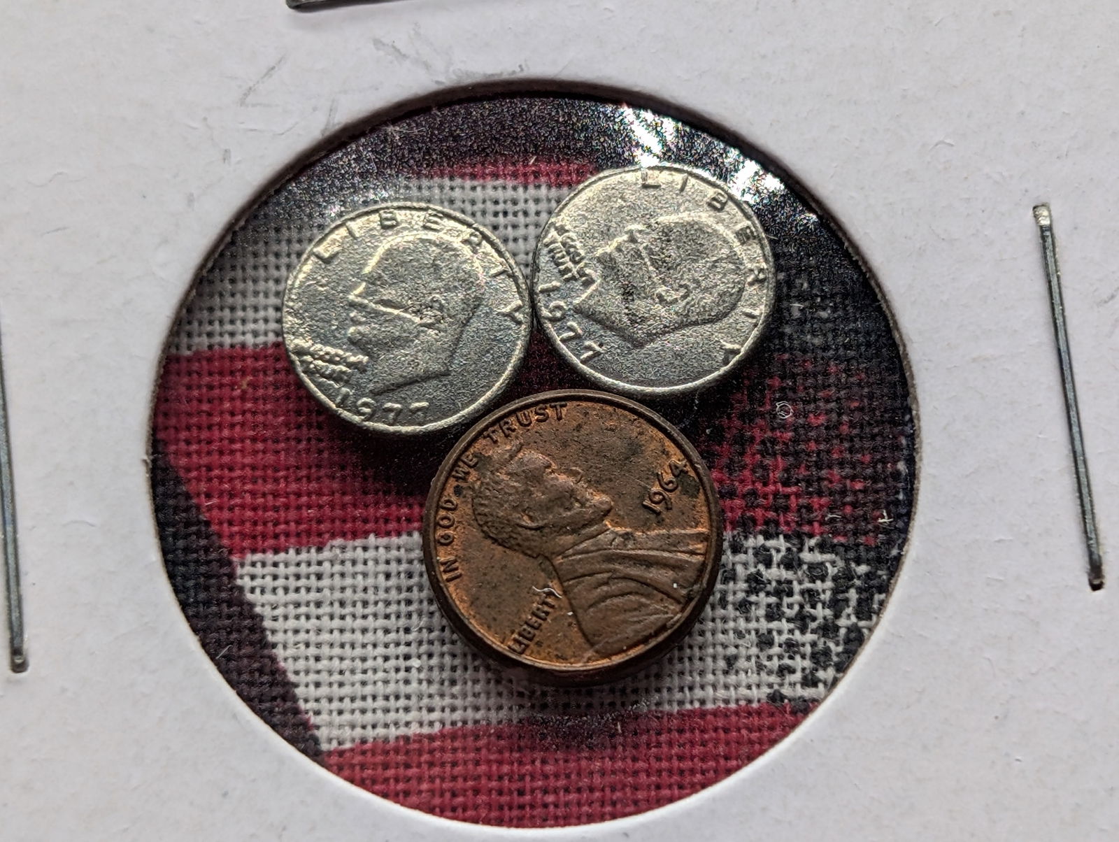 (3) US Miniature Coins - 1964 Lincoln Memorial Cent & (2) 1977 IKE Dollars (1 of 3)