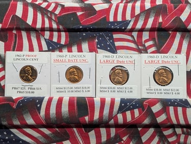 (4) Lincoln Memorial Cents - 1960-D Large Date , 1960-P Small Date, 1960-D Large Date, 1962-P Proof