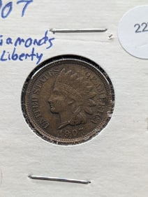 1907 Indian Head Cent w/Four Diamonds & Full Liberty